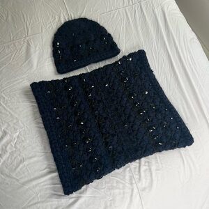 BCBGMaxAzria Dark Blue Knit Scarf with Black Sequins